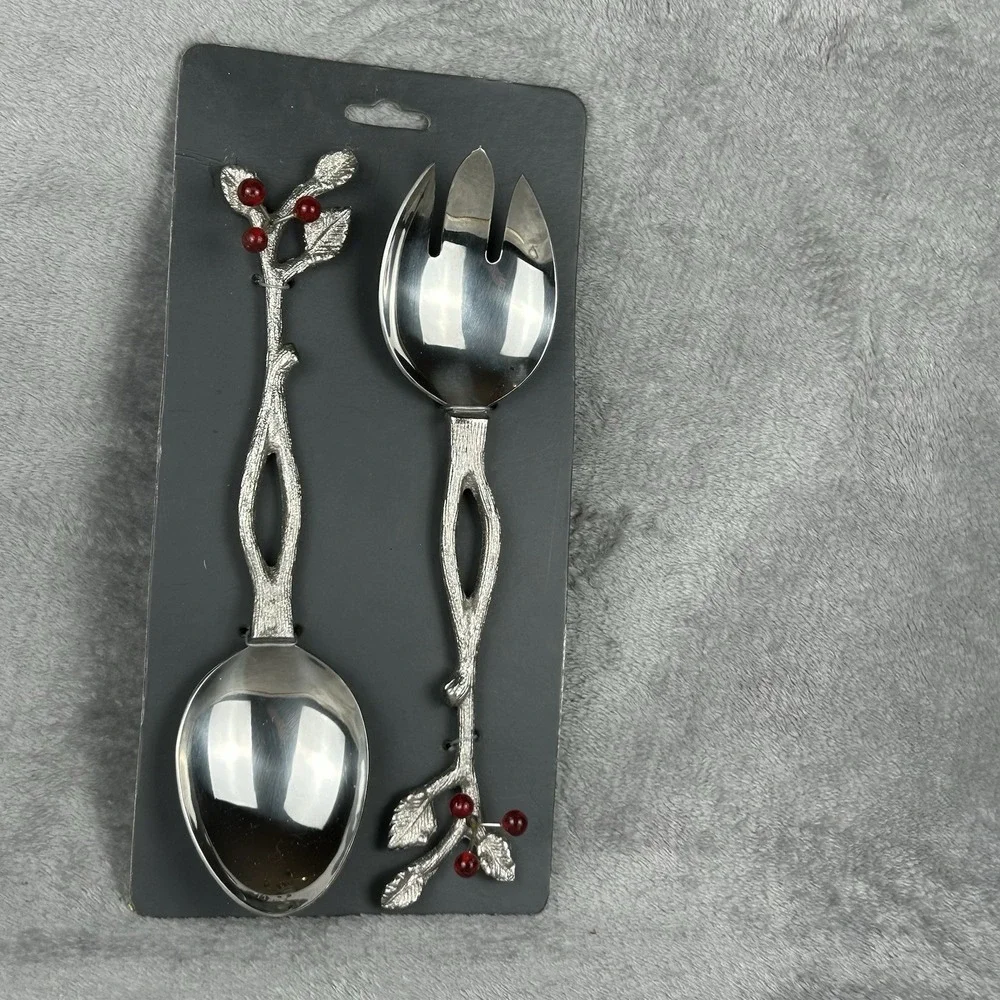 Festive Salad Serving Set Holiday Holly Berry Design Festive New Old Stock